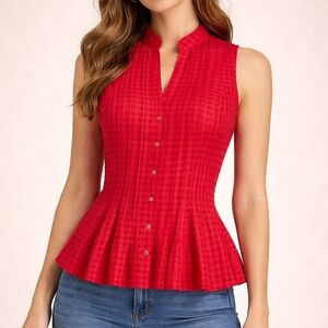 JONES NEW YORK Hot Pink Checkered Sleeveless Pintucked Peplum Button Down Shirt